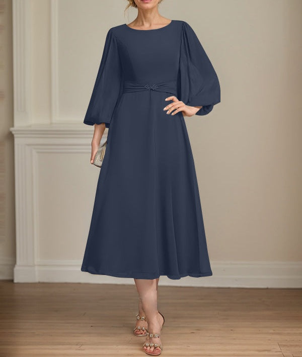 A-line Scoop Tea-Length Chiffon Mother of the Bride Dress With Crystal Brooch Pleated