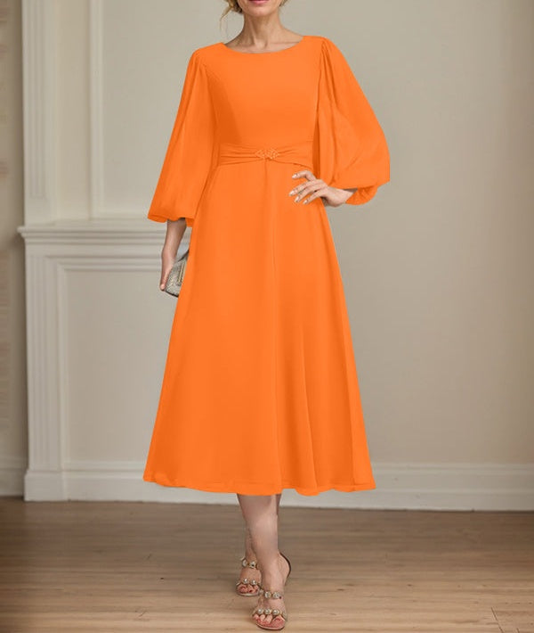 A-line Scoop Tea-Length Chiffon Mother of the Bride Dress With Crystal Brooch Pleated