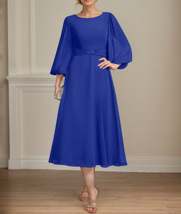 A-line Scoop Tea-Length Chiffon Mother of the Bride Dress With Crystal Brooch Pleated