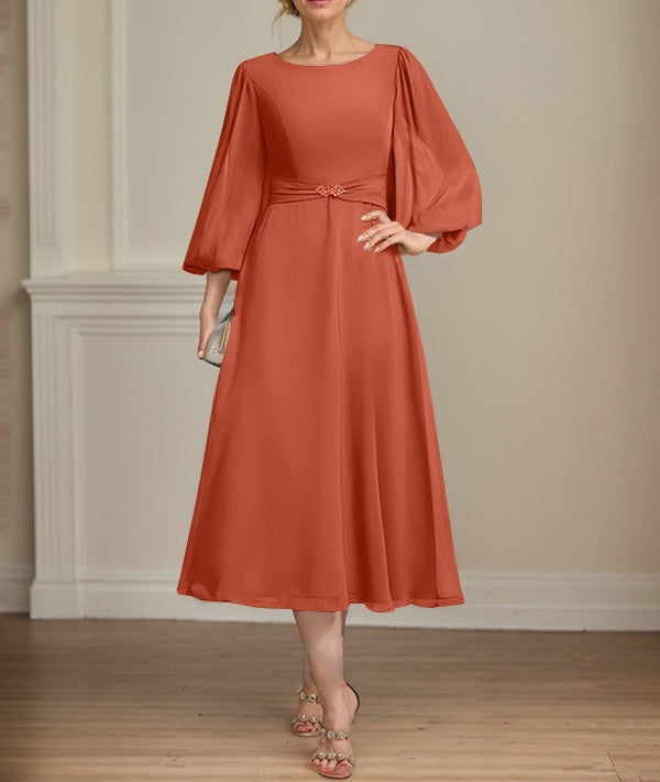 A-line Scoop Tea-Length Chiffon Mother of the Bride Dress With Crystal Brooch Pleated