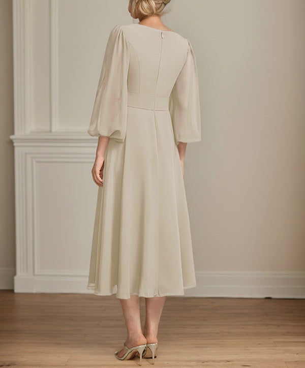 A-line Scoop Tea-Length Chiffon Mother of the Bride Dress With Crystal Brooch Pleated