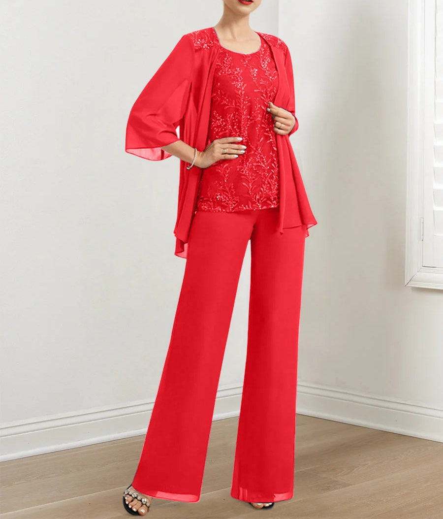 Chiffon Mother of the Bride Pantsuits with Sequins & Jacket