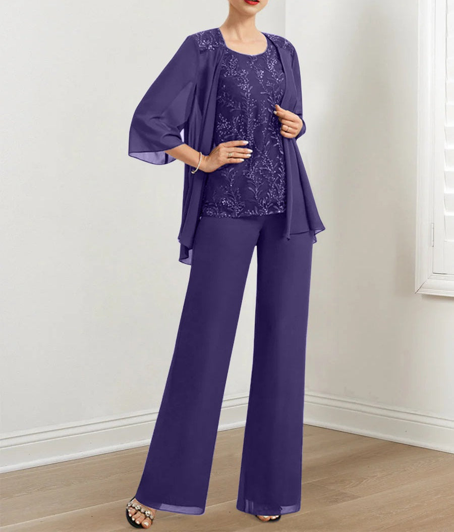 Chiffon Mother of the Bride Pantsuits with Sequins & Jacket