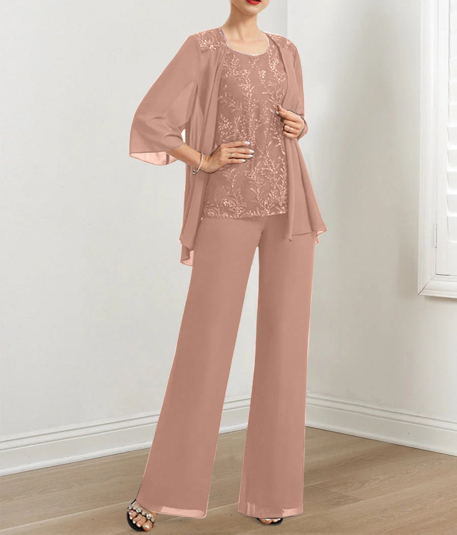 Chiffon Mother of the Bride Pantsuits with Sequins & Jacket