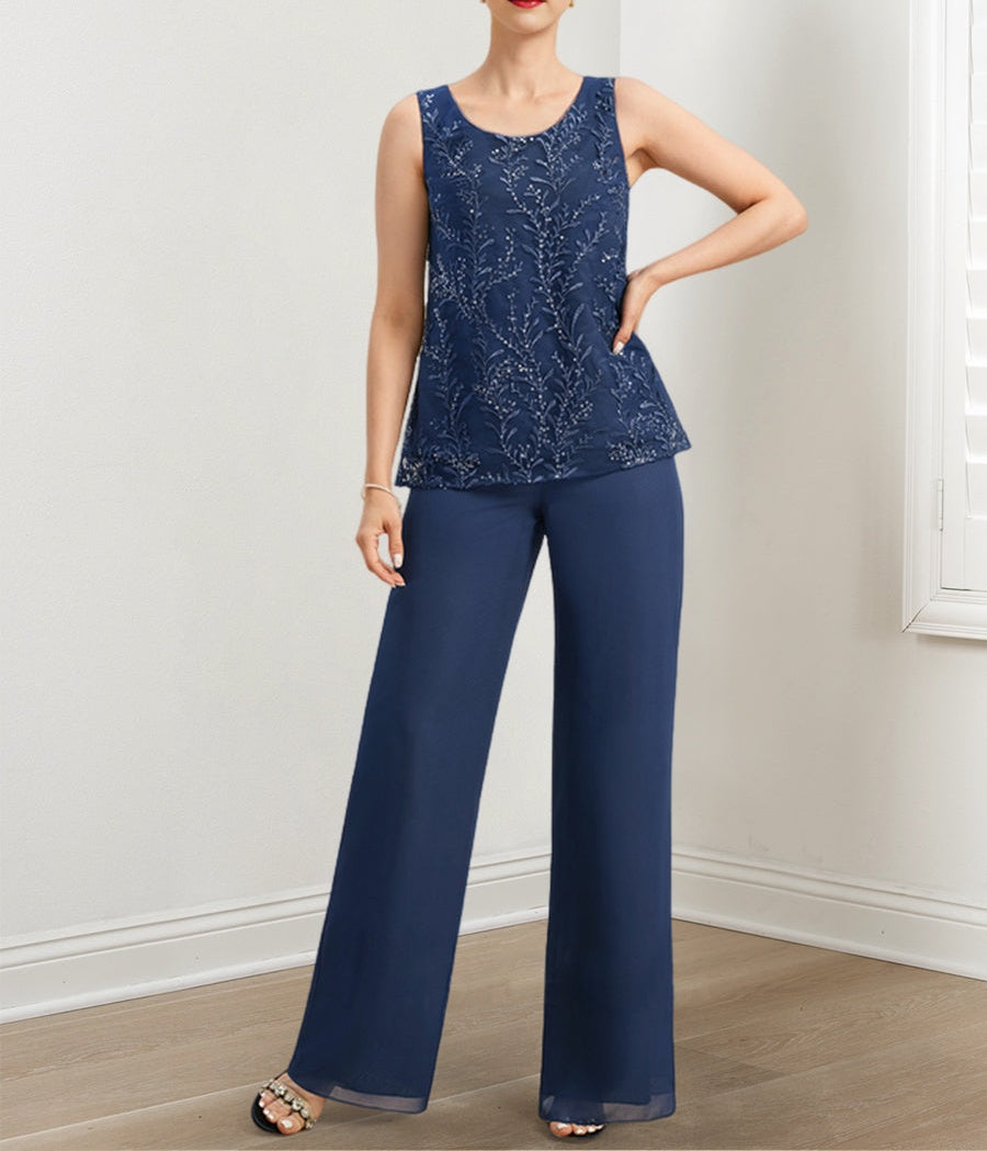 Chiffon Mother of the Bride Pantsuits with Sequins & Jacket