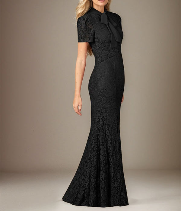 Black Chiffon Bow Tie Neckline Short Sleeves Floor Length Dress With Appliques
