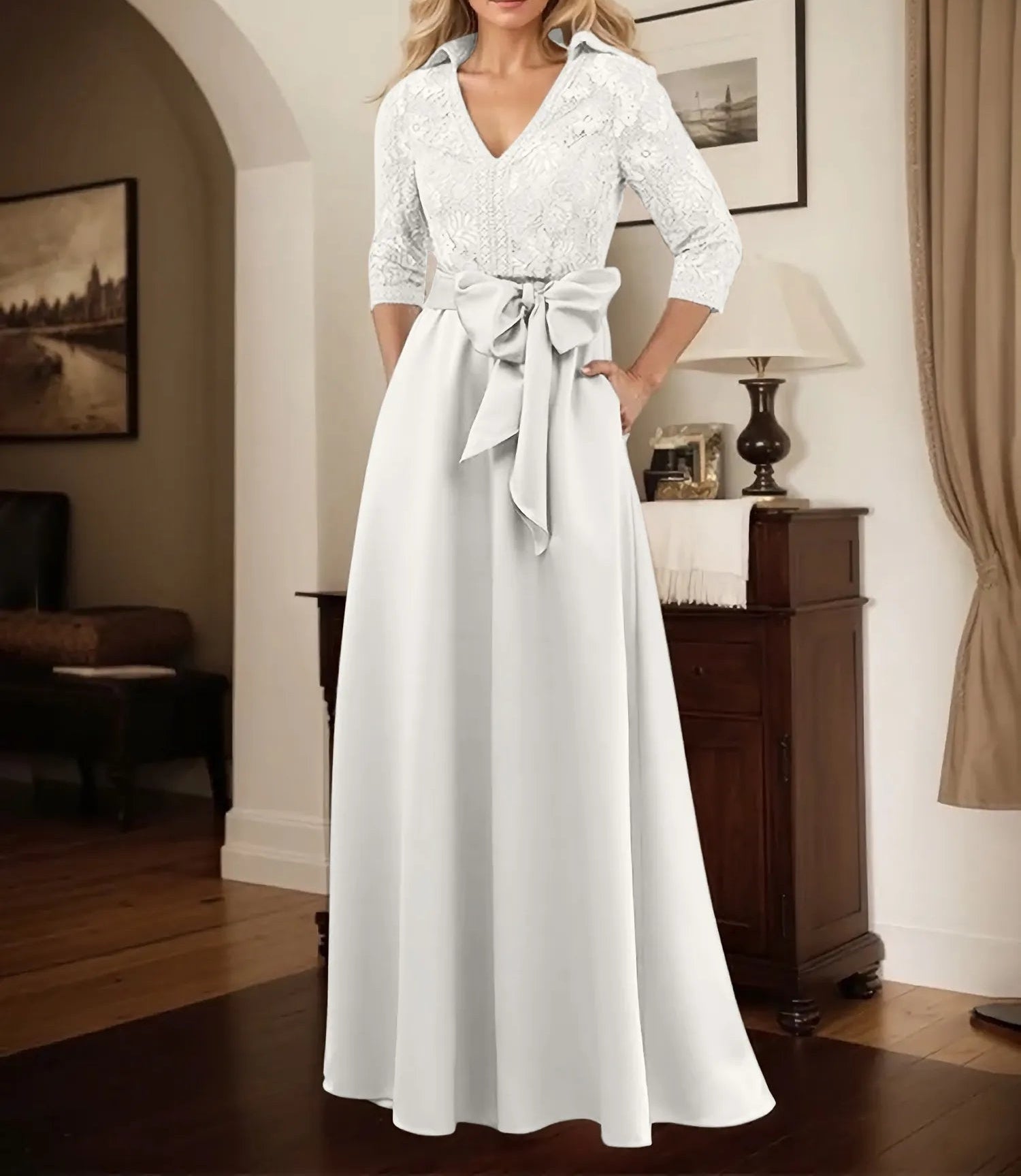 Classic V-Neck Bow Accented Satin Mother Of The Bride Dress With Lace