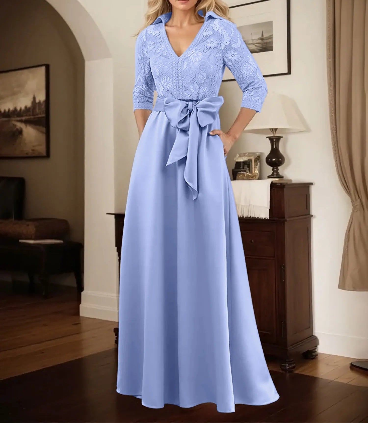 Classic V-Neck Bow Accented Satin Mother Of The Bride Dress With Lace