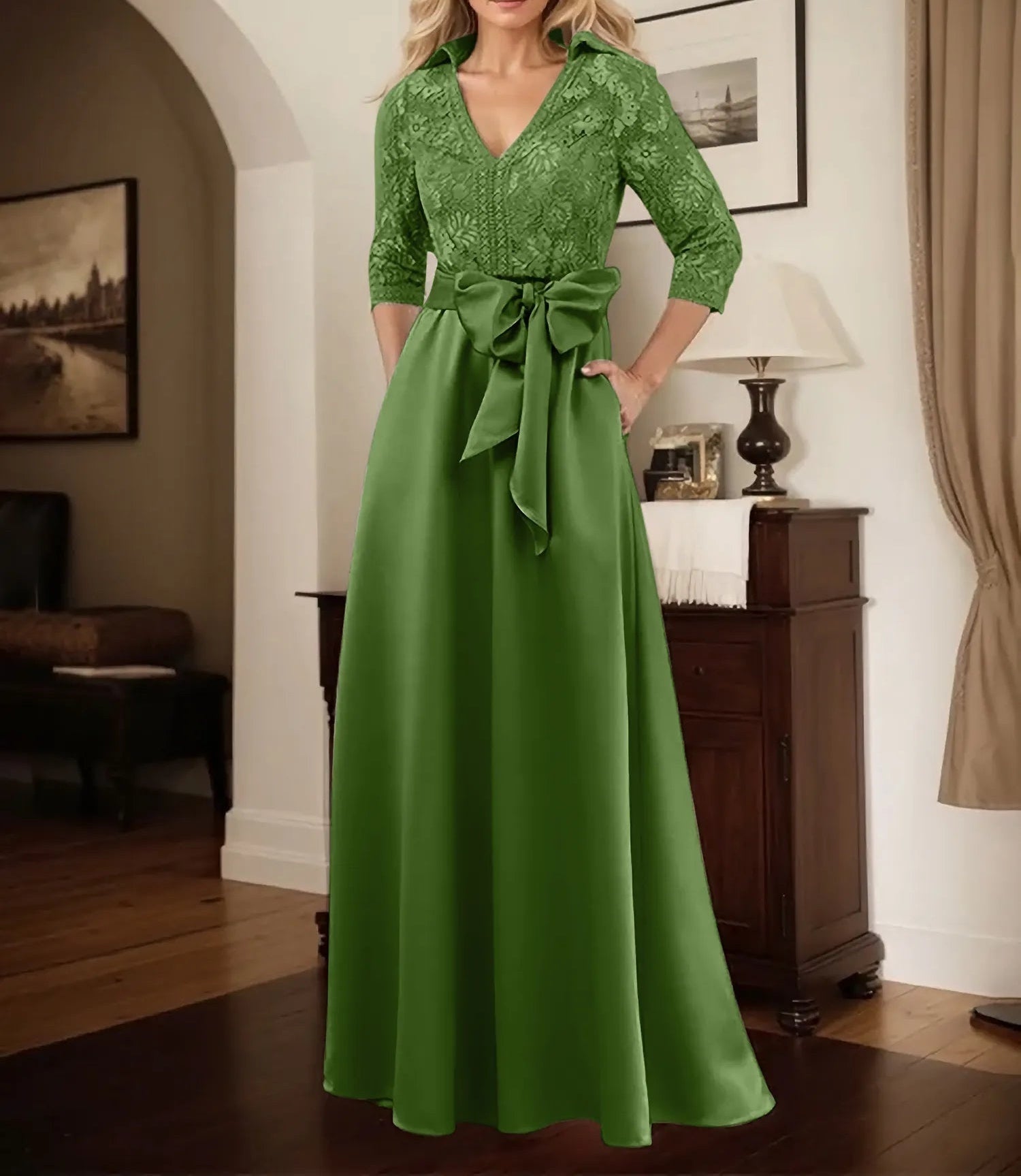 Classic V-Neck Bow Accented Satin Mother Of The Bride Dress With Lace