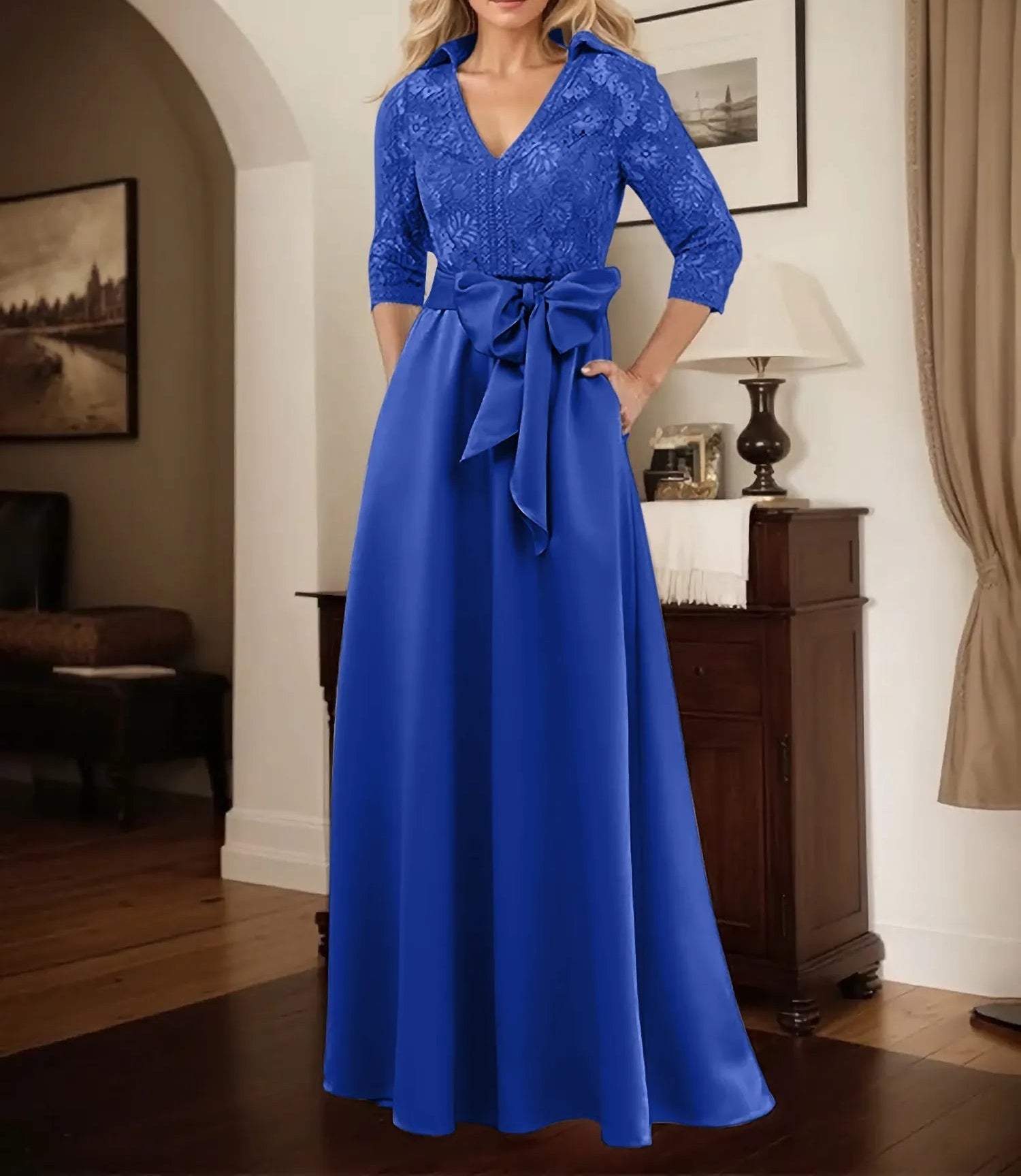 Classic V-Neck Bow Accented Satin Mother Of The Bride Dress With Lace