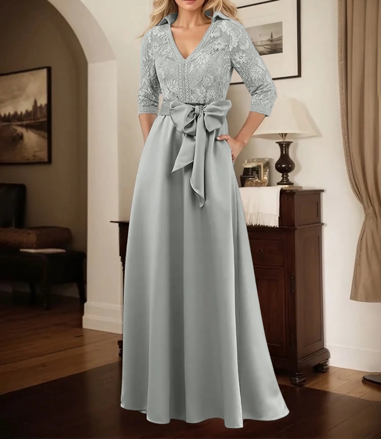 Classic V-Neck Bow Accented Satin Mother Of The Bride Dress With Lace