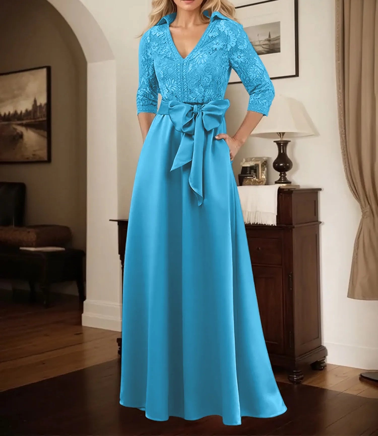 Classic V-Neck Bow Accented Satin Mother Of The Bride Dress With Lace