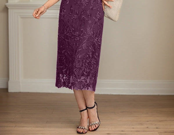 Sheath/Column Scoop Tea-Length Lace Chiffon Mother of the Bride Dress