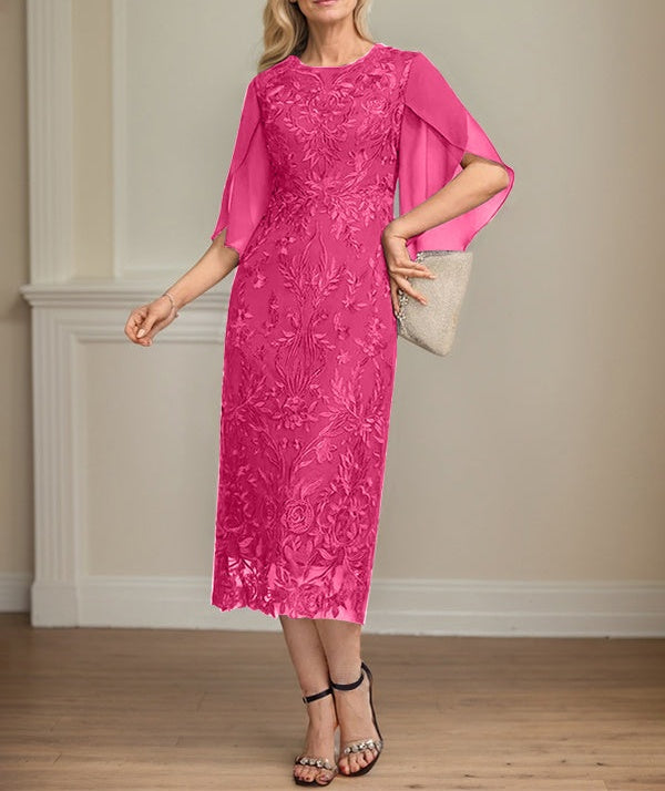 Sheath/Column Scoop Tea-Length Lace Chiffon Mother of the Bride Dress