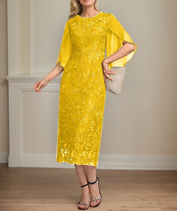 Sheath/Column Scoop Tea-Length Lace Chiffon Mother of the Bride Dress