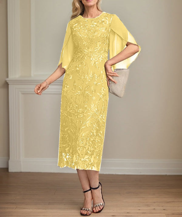 Sheath/Column Scoop Tea-Length Lace Chiffon Mother of the Bride Dress