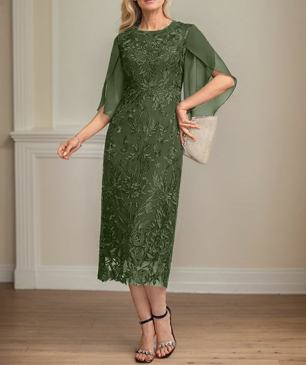Sheath/Column Scoop Tea-Length Lace Chiffon Mother of the Bride Dress