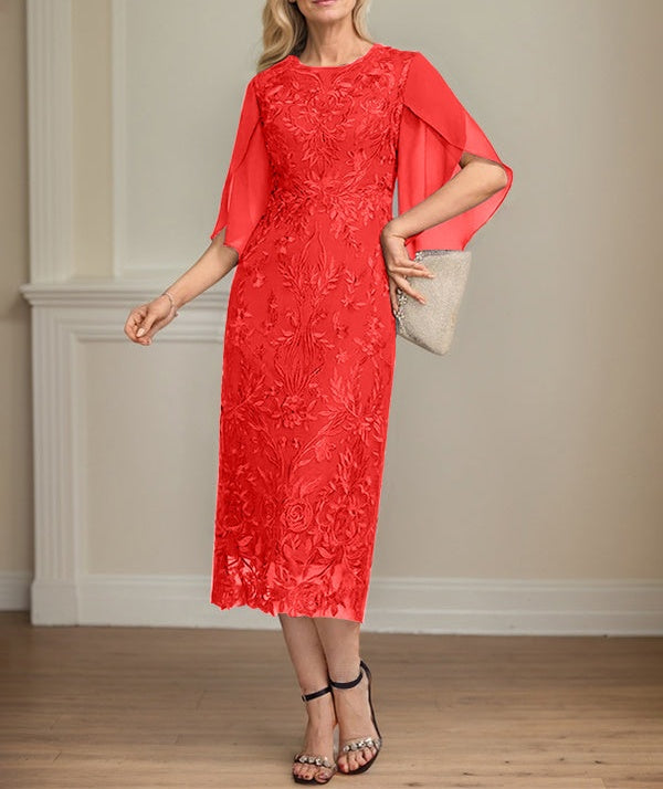 Sheath/Column Scoop Tea-Length Lace Chiffon Mother of the Bride Dress