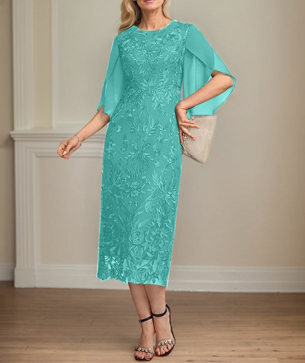 Sheath/Column Scoop Tea-Length Lace Chiffon Mother of the Bride Dress