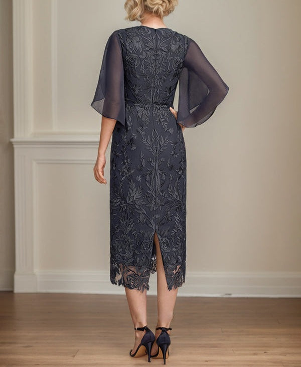 Sheath/Column Scoop Tea-Length Lace Chiffon Mother of the Bride Dress