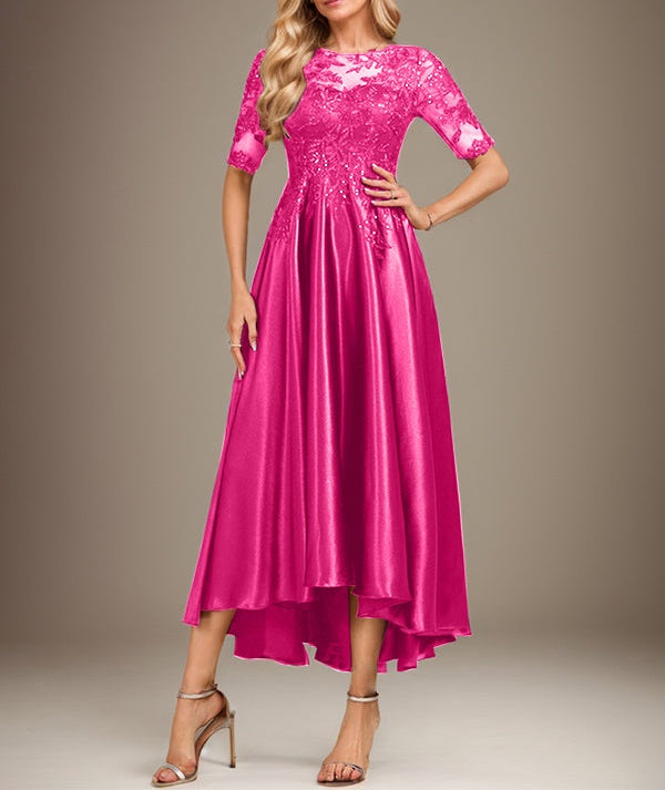 A-line Scoop Illusion Asymmetrical Stretch Satin Lace Mother of the Bride Dress With Sequins
