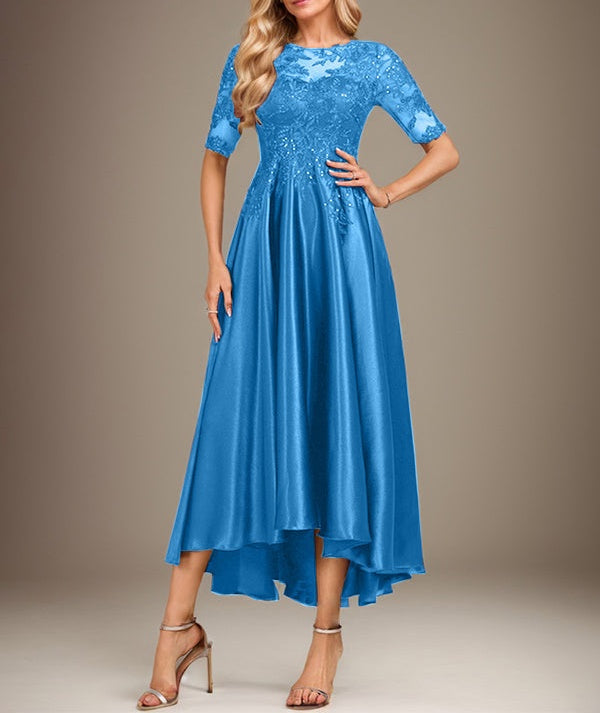 A-line Scoop Illusion Asymmetrical Stretch Satin Lace Mother of the Bride Dress With Sequins