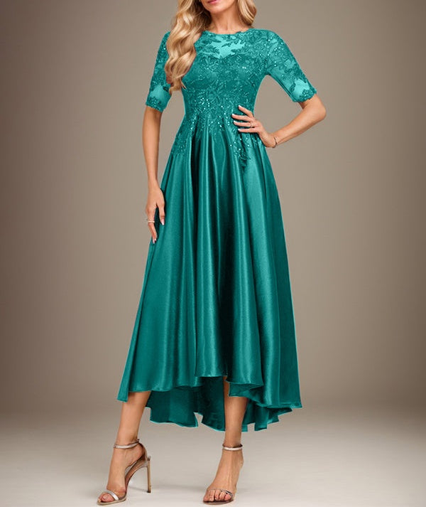 A-line Scoop Illusion Asymmetrical Stretch Satin Lace Mother of the Bride Dress With Sequins