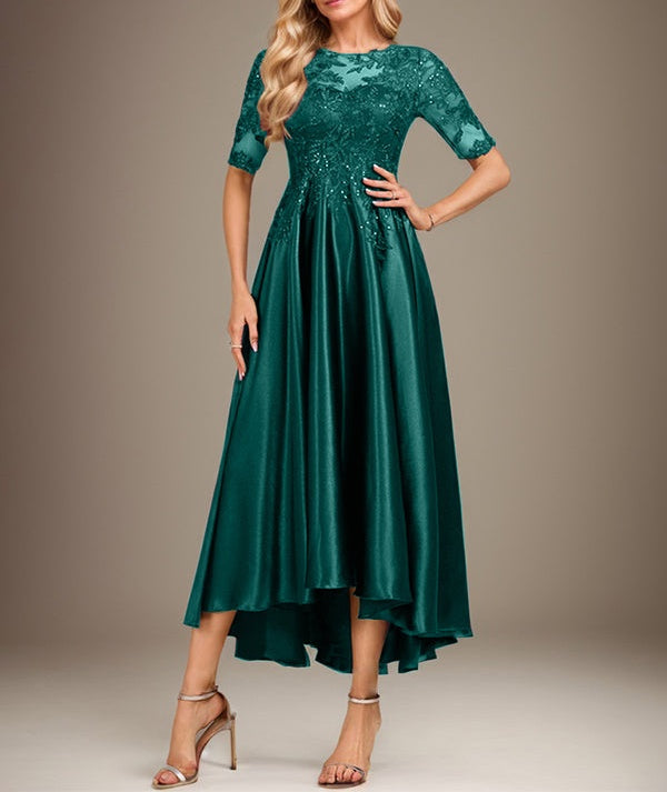 A-line Scoop Illusion Asymmetrical Stretch Satin Lace Mother of the Bride Dress With Sequins