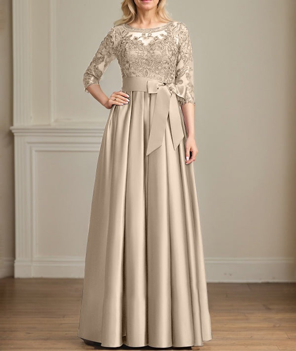 A-line Scoop Illusion Floor-Length Satin Lace Mother of the Bride Dress With Sequins Bow