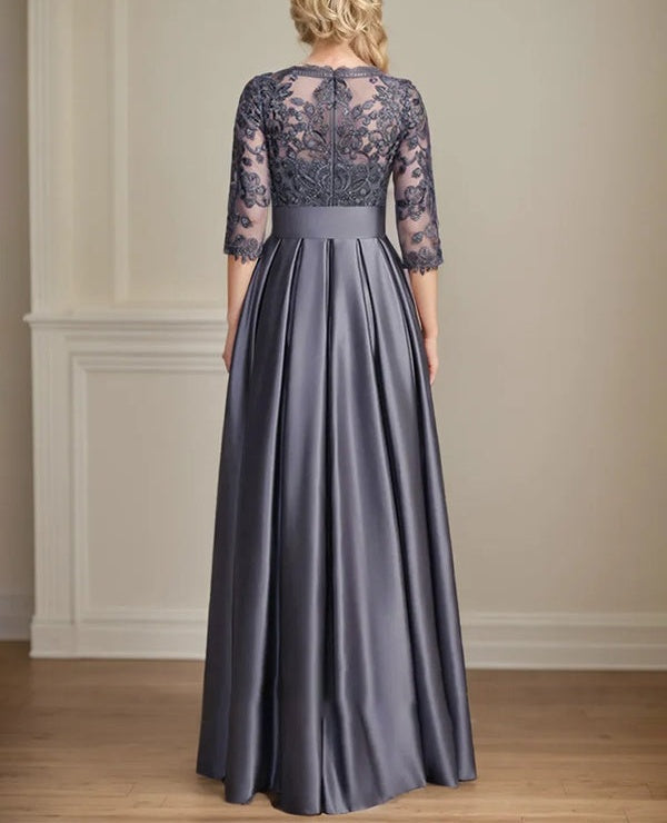 A-line Scoop Illusion Floor-Length Satin Lace Mother of the Bride Dress With Sequins Bow