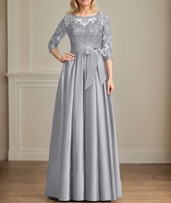 A-line Scoop Illusion Floor-Length Satin Lace Mother of the Bride Dress With Sequins Bow