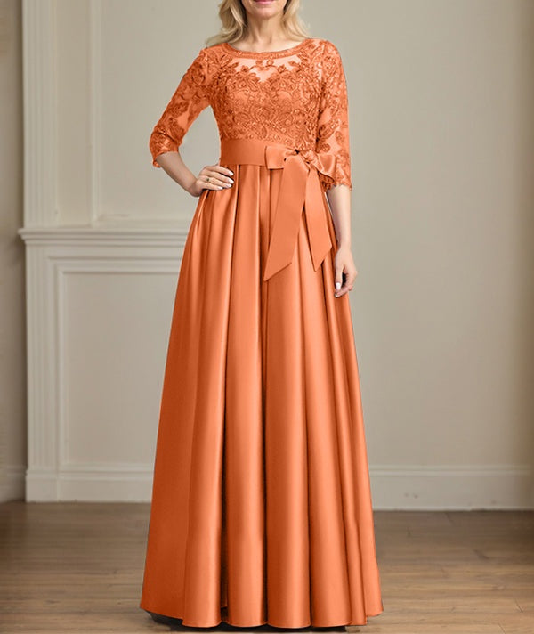 A-line Scoop Illusion Floor-Length Satin Lace Mother of the Bride Dress With Sequins Bow