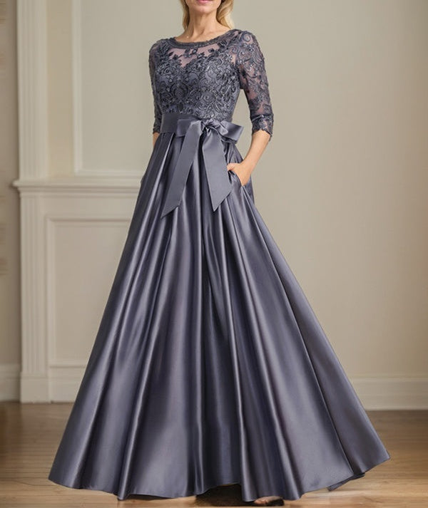 A-line Scoop Illusion Floor-Length Satin Lace Mother of the Bride Dress With Sequins Bow