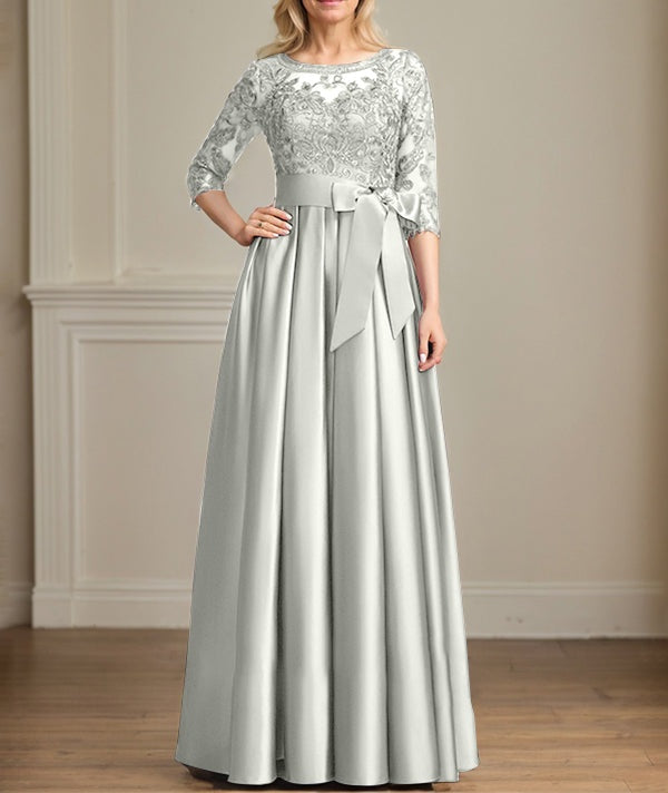 A-line Scoop Illusion Floor-Length Satin Lace Mother of the Bride Dress With Sequins Bow