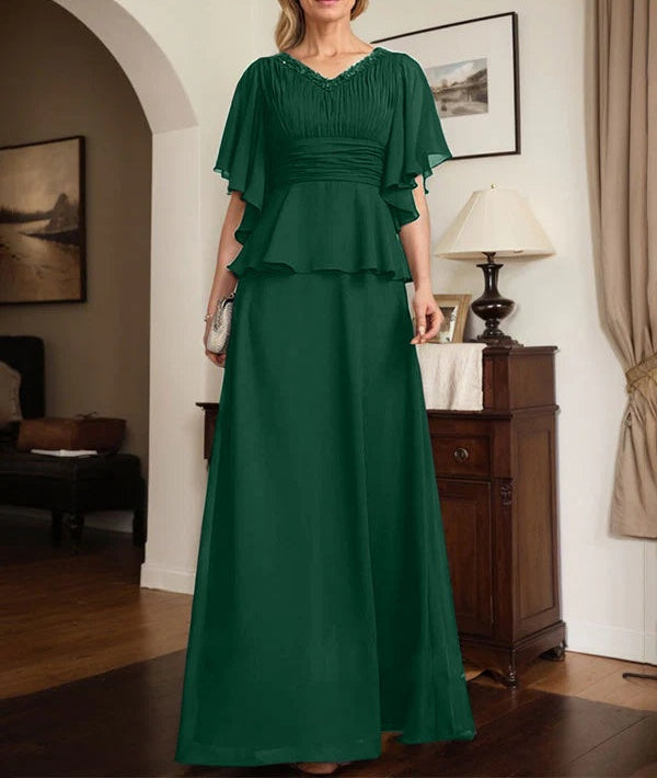A-line V-Neck Floor-Length Chiffon Mother of the Bride Dress With Pleated Beading