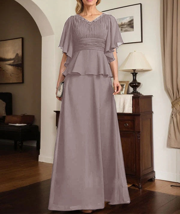 A-line V-Neck Floor-Length Chiffon Mother of the Bride Dress With Pleated Beading