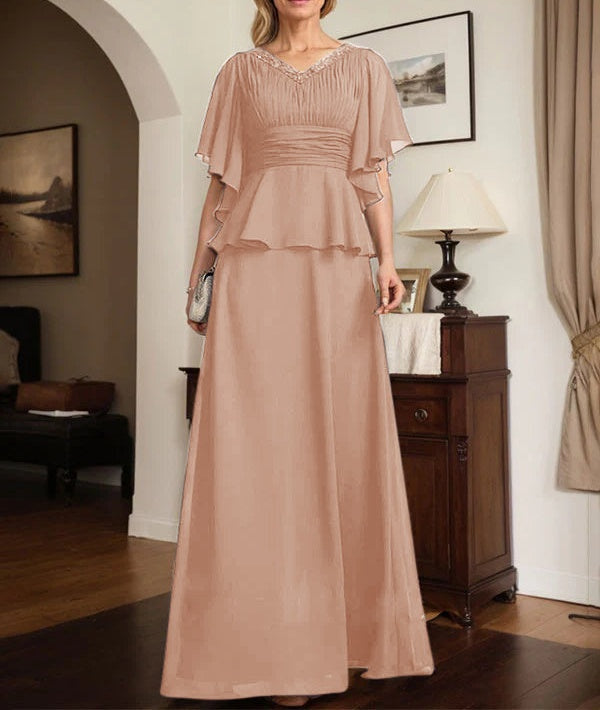 A-line V-Neck Floor-Length Chiffon Mother of the Bride Dress With Pleated Beading