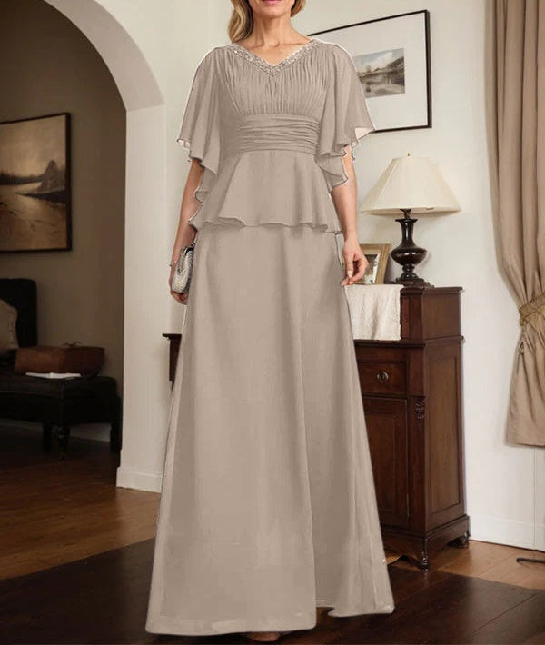A-line V-Neck Floor-Length Chiffon Mother of the Bride Dress With Pleated Beading