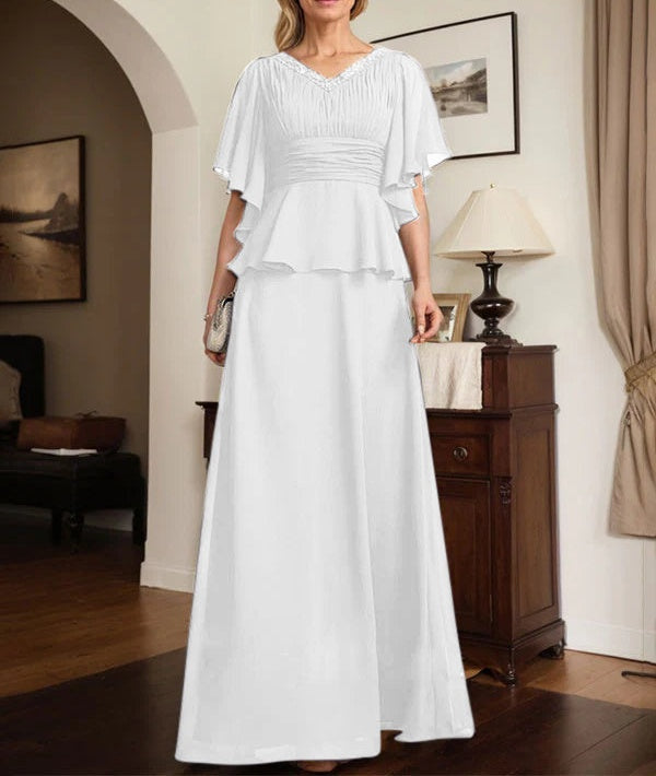 A-line V-Neck Floor-Length Chiffon Mother of the Bride Dress With Pleated Beading