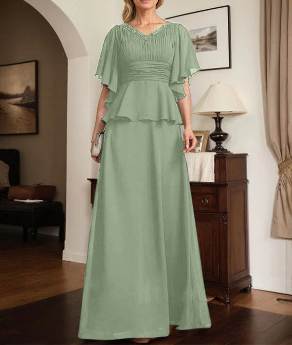 A-line V-Neck Floor-Length Chiffon Mother of the Bride Dress With Pleated Beading