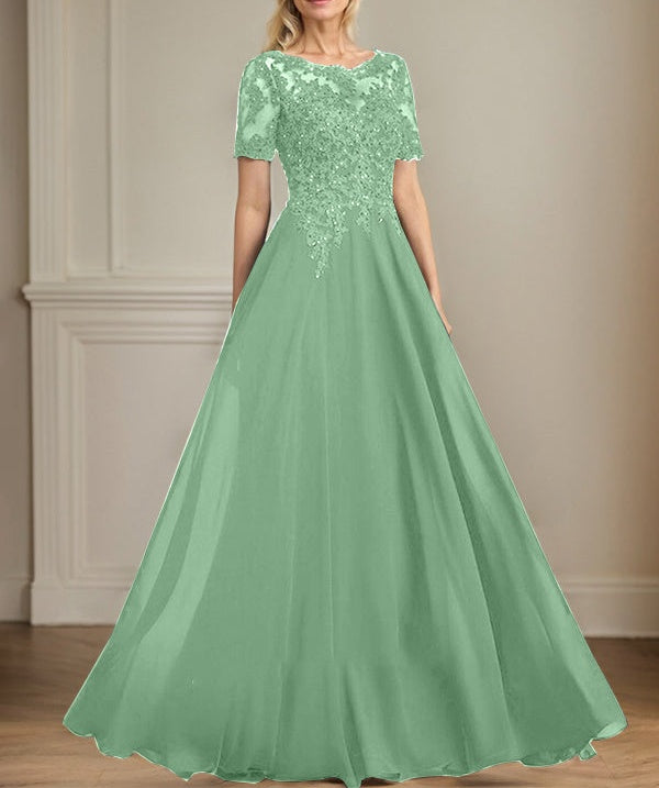 A-line Scoop Illusion Floor-Length Chiffon Lace Mother of the Bride Dress With Sequins Beading