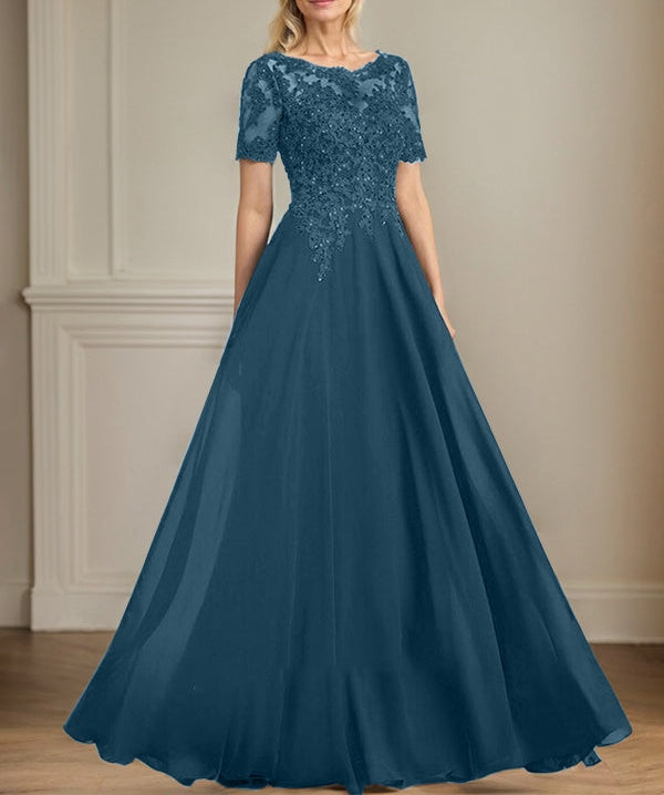 A-line Scoop Illusion Floor-Length Chiffon Lace Mother of the Bride Dress With Sequins Beading