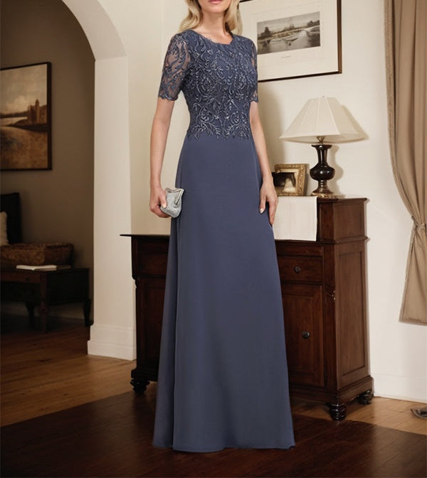 A-line Scoop Floor-Length Lace Chiffon Mother of the Bride Dress With Sequins