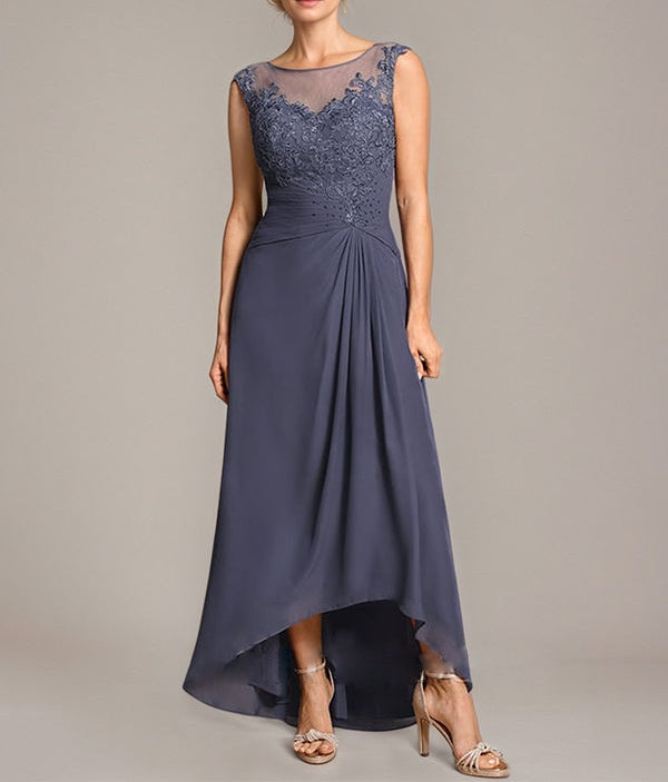 A-line Scoop Illusion Asymmetrical Chiffon Lace Mother of the Bride Dress With Pleated Beading