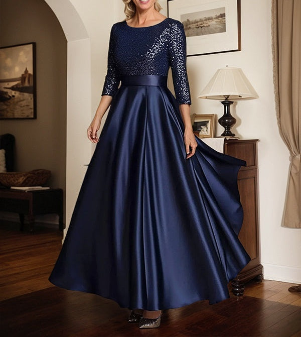 Sparkly Navy Scoop Neck Satin Mother of the Bride Dress with Sequins
