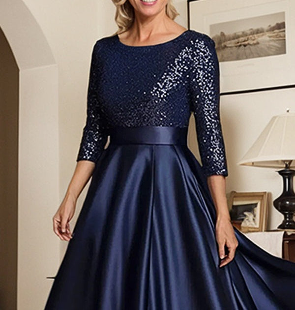 Sparkly Navy Scoop Neck Satin Mother of the Bride Dress with Sequins