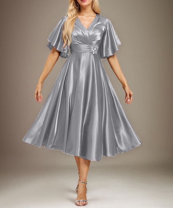 A-line V-Neck Tea-Length Stretch Satin Mother of the Bride Dress With Beading Pleated