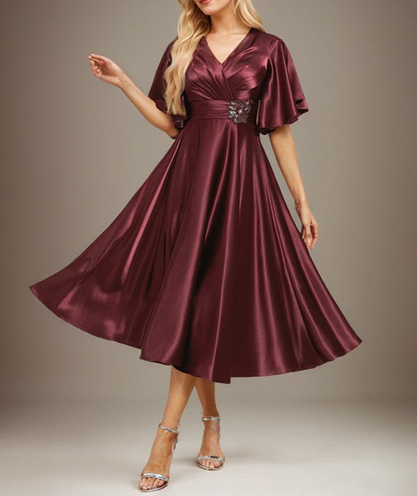 A-line V-Neck Tea-Length Stretch Satin Mother of the Bride Dress With Beading Pleated