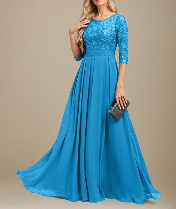 A-Line Scoop Floor-Length Lace Chiffon Mother Of the Bride Dress With Sequins Applique
