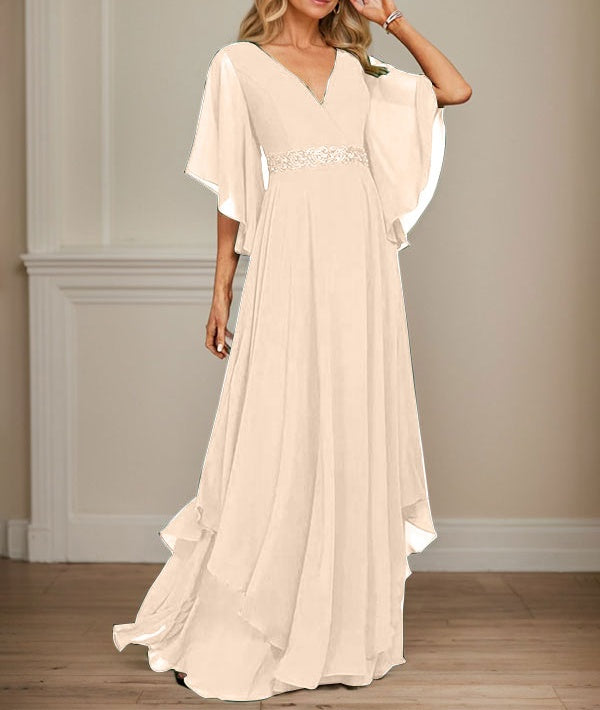 A-line V-Neck Floor-Length Chiffon Mother of the Bride Dress With Sequins Appliques Lace Beading